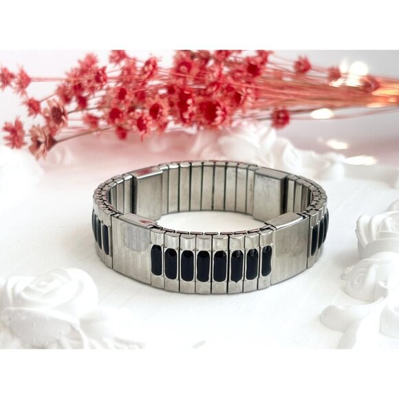 Two Toned 1970's Back Flexible Stretch Elastic Unisex Minimalist Bracelet - Picture 7 of 10